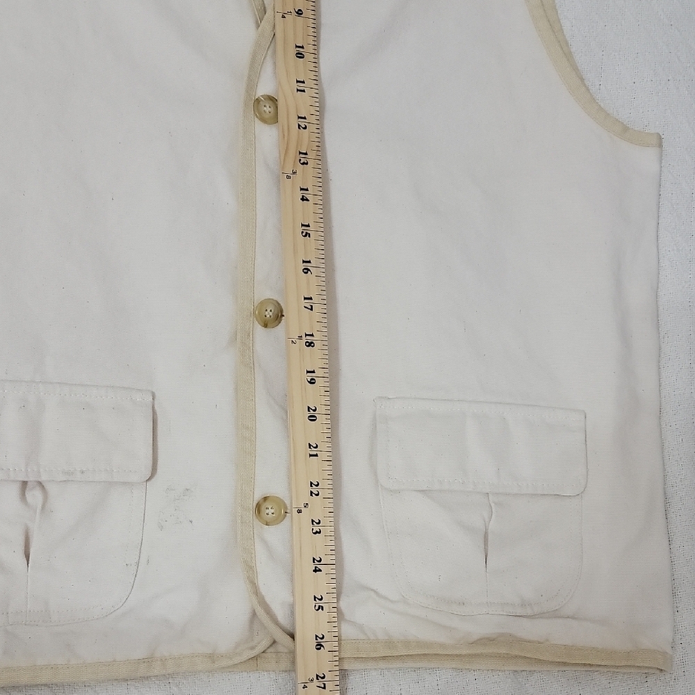 UTILITY Canvas Vest In Cream and Tan Size L Made In USA 100% Cotton Button Front - Picture 8 of 9